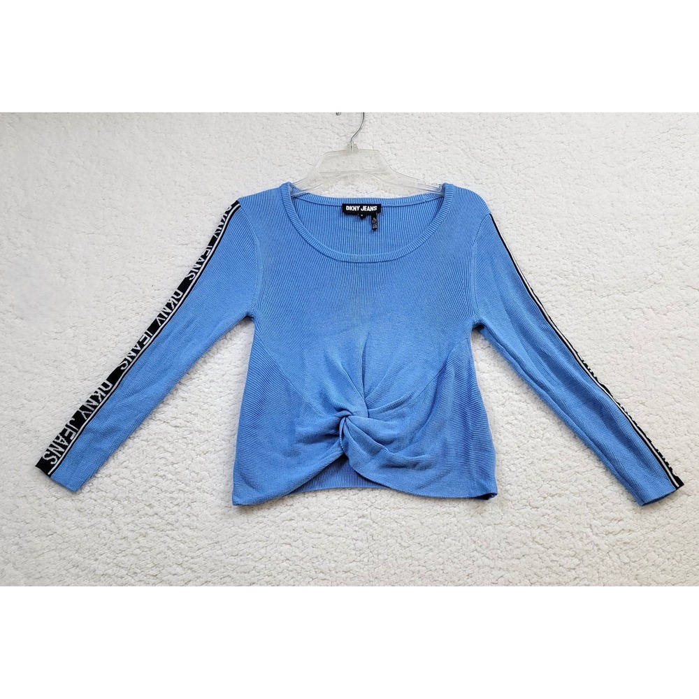DKNY Jeans Ribbed Twist Front Sweater Womens Small Blue Logo Tape Long Sleeve